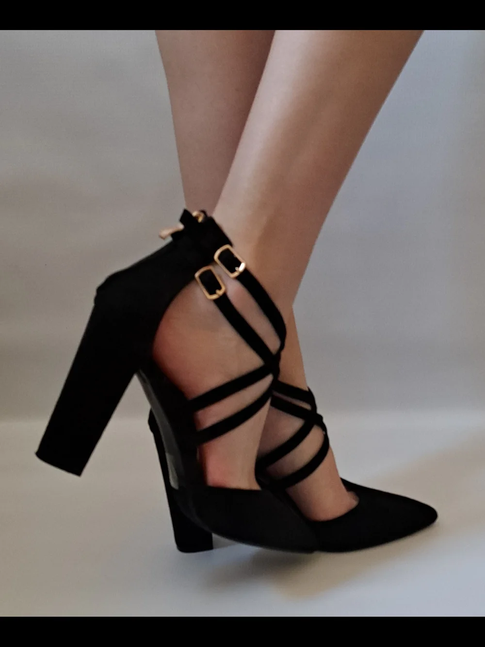 Black Strappy Pointed Toe Block Heel Faux Suede Buckles Gold 8.5